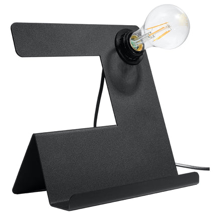 Lampe de table Support noire en acier vue de profil, socle triangulaire et douille E27, fond blanc.