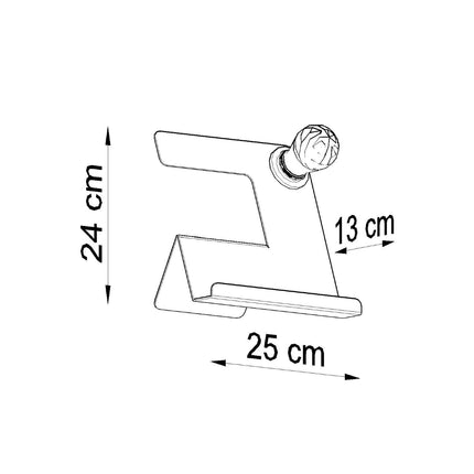 Schéma coté de la lampe de table Support : 25 cm de large, 13 cm de profondeur, 24 cm de haut.