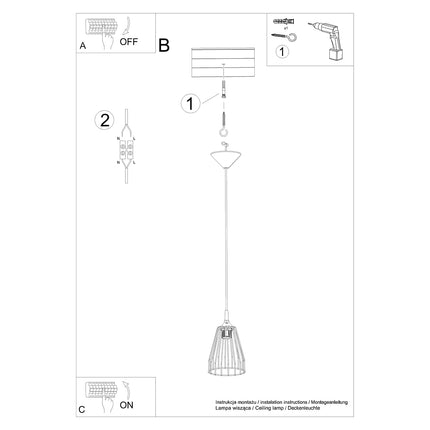 Notice de montage illustrée de la suspension Leyo Métal, étapes de fixation au plafond et câblage