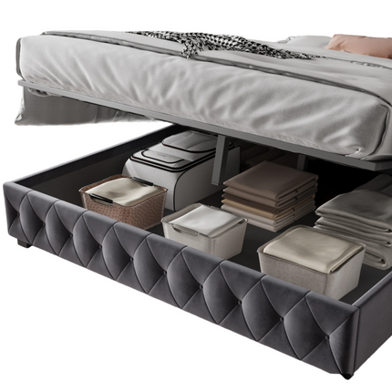Lit 2 places 180x200 avec rangement – Velours gris capitonné