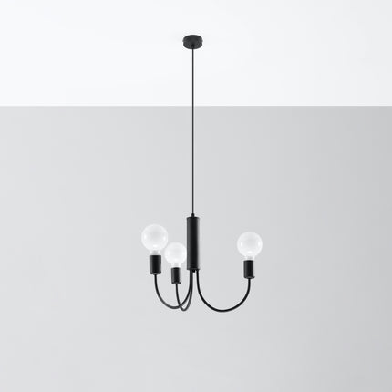 Lustre acier noir mat 3 lumieres, bras courbes et corps cylindrique, ampoules eteintes