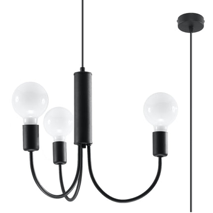 Lustre 3 bras en acier noir mat suspendu, ampoules globe E27, style épuré