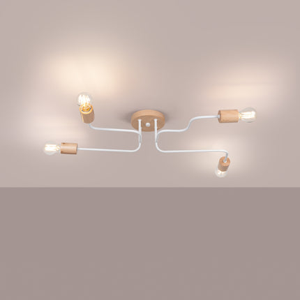 lustre 4 douilles bois et métal blanc et bois naturel, lumière allumée