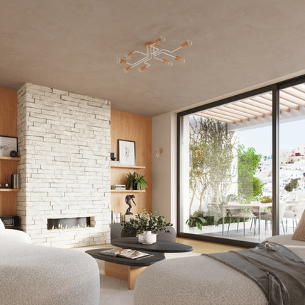lustre 4 douilles bois et métal blanc et bois naturel, dans une pièce à vivre