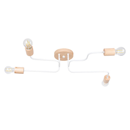 lustre 4 douilles bois et métal blanc et bois naturel, packshot sur fond blanc