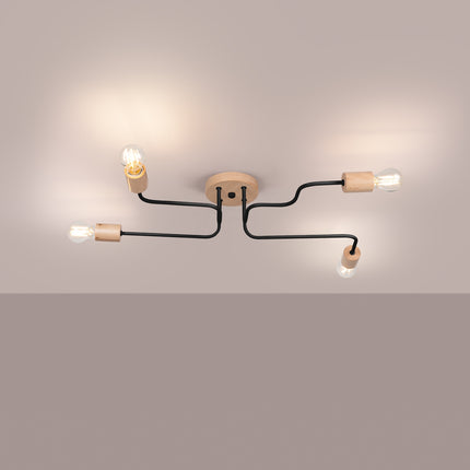 lustre 4 douilles bois et métal noir et bois naturel, lumière allumée