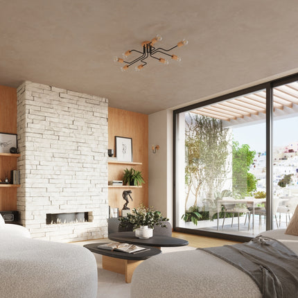 lustre 4 douilles bois et métal noir et bois naturel, dans une pièce à vivre