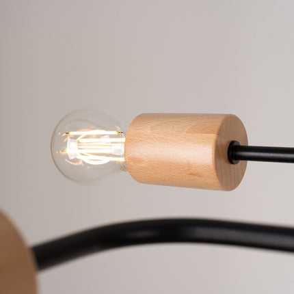 lustre 4 douilles bois et métal noir et bois naturel, packshot de trois quarts