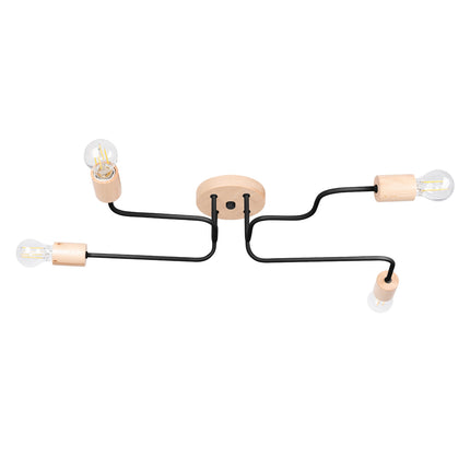 lustre 4 douilles bois et métal noir et bois naturel, packshot sur fond blanc