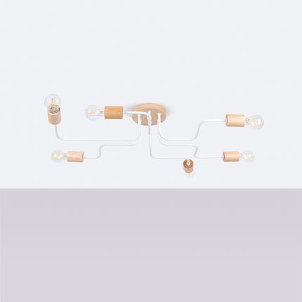 lustre 6 douilles bois et métal blanc et bois naturel, vue en situation