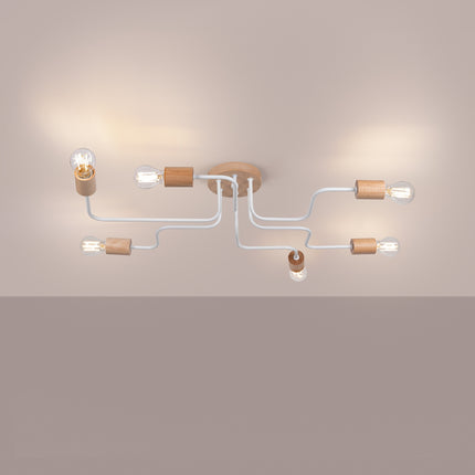 lustre 6 douilles bois et métal blanc et bois naturel, lumière allumée