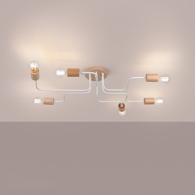lustre 6 douilles bois et métal blanc et bois naturel, lumière allumée