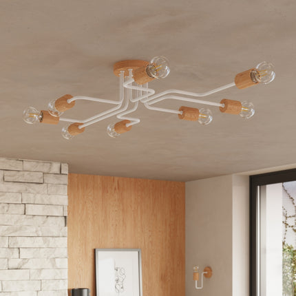 lustre 6 douilles bois et métal blanc et bois naturel, intérieur contemporain