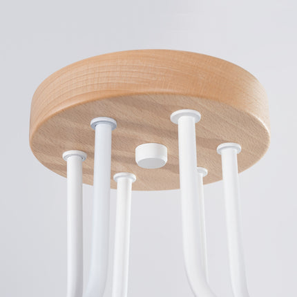 lustre 6 douilles bois et métal blanc et bois naturel, détail de la matière
