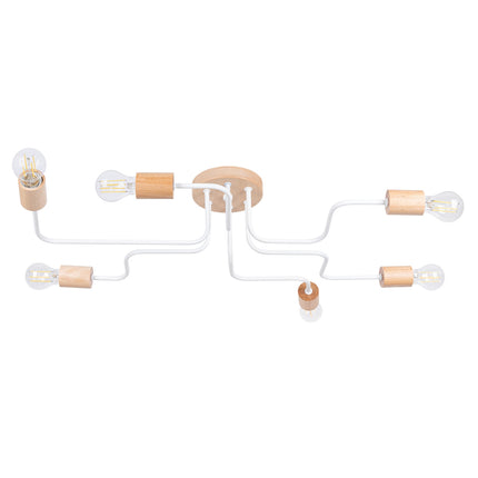 lustre 6 douilles bois et métal blanc et bois naturel, packshot sur fond blanc