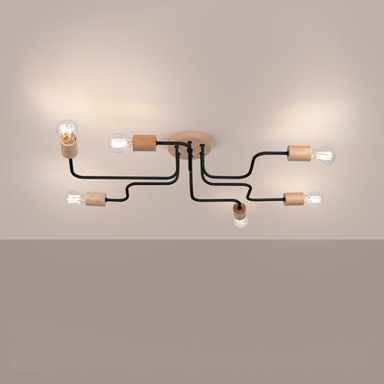 lustre 6 douilles bois et métal noir et bois naturel, lumière allumée