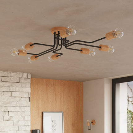 lustre 6 douilles bois et métal noir et bois naturel, intérieur contemporain