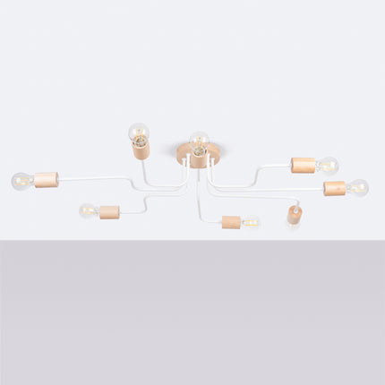 lustre 8 douilles bois et métal blanc et bois naturel, vue en situation