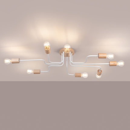 lustre 8 douilles bois et métal blanc et bois naturel, lumière allumée
