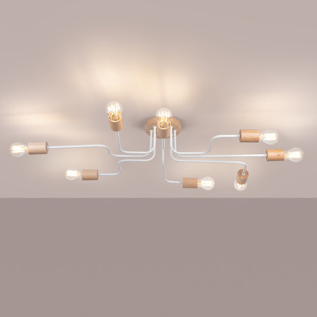 lustre 8 douilles bois et métal blanc et bois naturel, lumière allumée