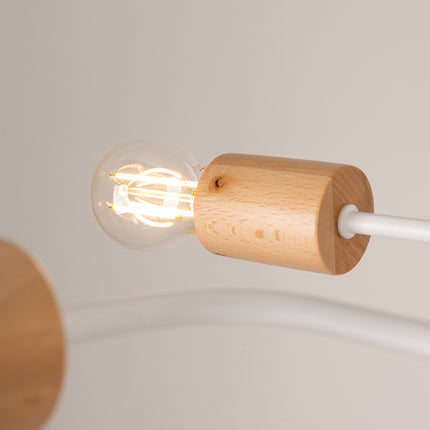lustre 8 douilles bois et métal blanc et bois naturel, vue de détail