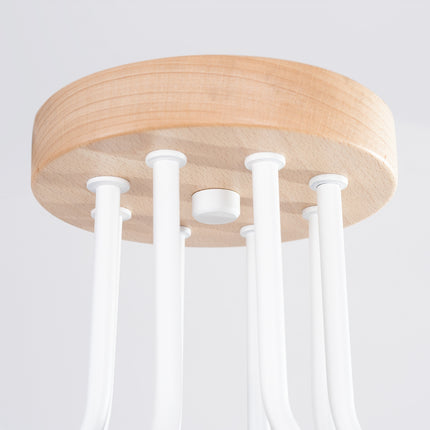lustre 8 douilles bois et métal blanc et bois naturel, détail de la matière