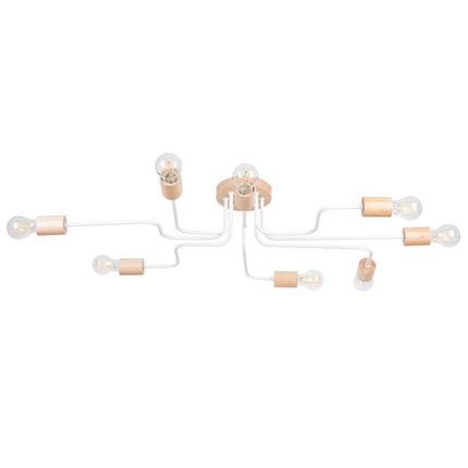lustre 8 douilles bois et métal blanc et bois naturel, packshot sur fond blanc