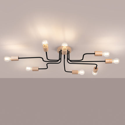 lustre 8 douilles bois et métal noir et bois naturel, lumière allumée