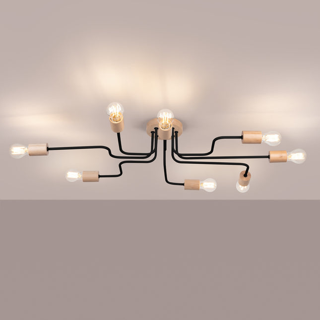lustre 8 douilles bois et métal noir et bois naturel, lumière allumée