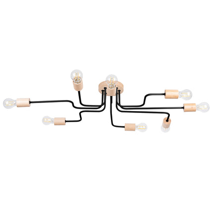 lustre 8 douilles bois et métal noir et bois naturel, packshot sur fond blanc