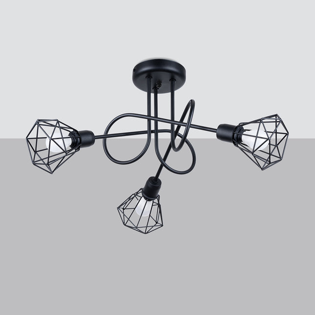 Lustre noir 3 lumières à cages diamant filaires, vue d'ensemble sur fond gris clair