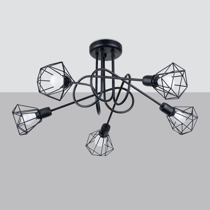 Lustre noir 5 lumières à cages diamant filaires, vue d'ensemble sur fond gris clair