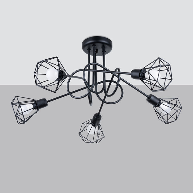 Lustre noir 5 lumières à cages diamant filaires, vue d'ensemble sur fond gris clair