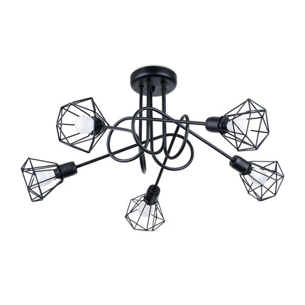 Lustre plafonnier filaire noir 5 lumières avec cages diamant en acier, vue de face sur fond blanc