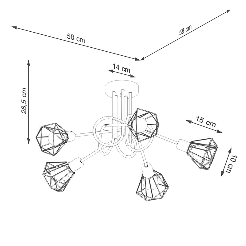 Dimensions Lustre Ajustable Filaire Noir 5 Lumières, Cages Diamant