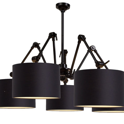 Packshot du lustre Amsterdam 5 abat-jours coton noir sur structure en fer noir, fond blanc