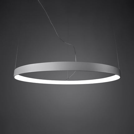 Lustre Anneau Solis 110 cm blanc allumé, diffuseur LED continu dans une ambiance tamisée