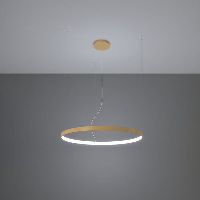 Grand lustre anneau doré Anneau Solis allumé au plafond, halo lumineux neutre