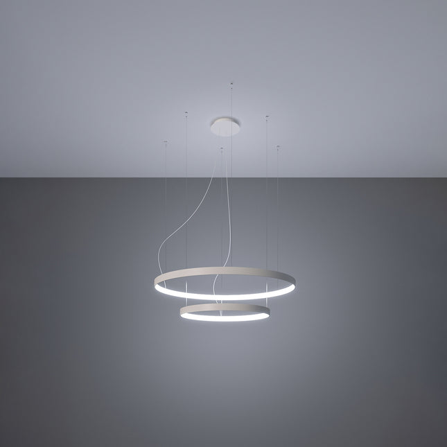 Lustre Anneau Solis 2 anneaux blancs allumé, halos concentriques