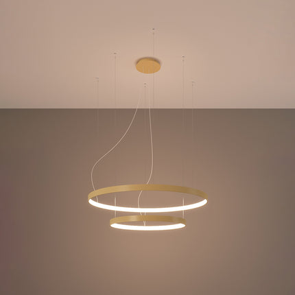 Lustre Anneau Solis 2 anneaux dorés allumé, halos concentriques