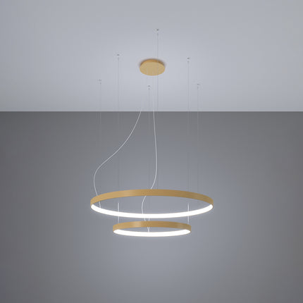 Lustre Anneau Solis 2 anneaux dorés allumé, halos concentriques