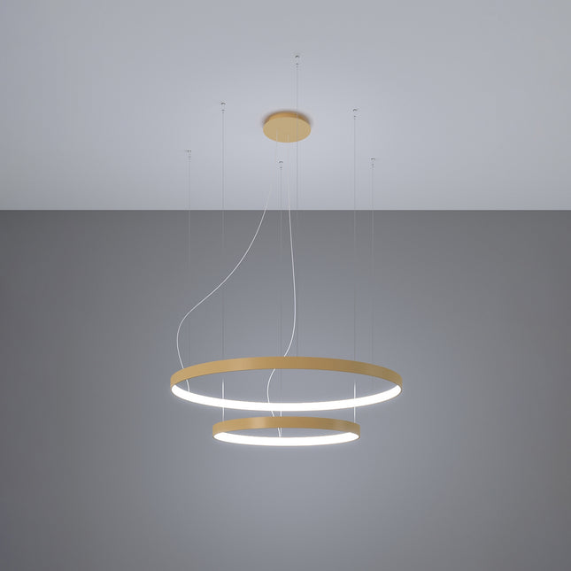 Lustre Anneau Solis 2 anneaux dorés allumé, halos concentriques