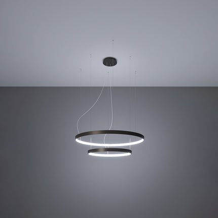 Lustre Anneau Solis 2 anneaux noirs allumé, halos concentriques