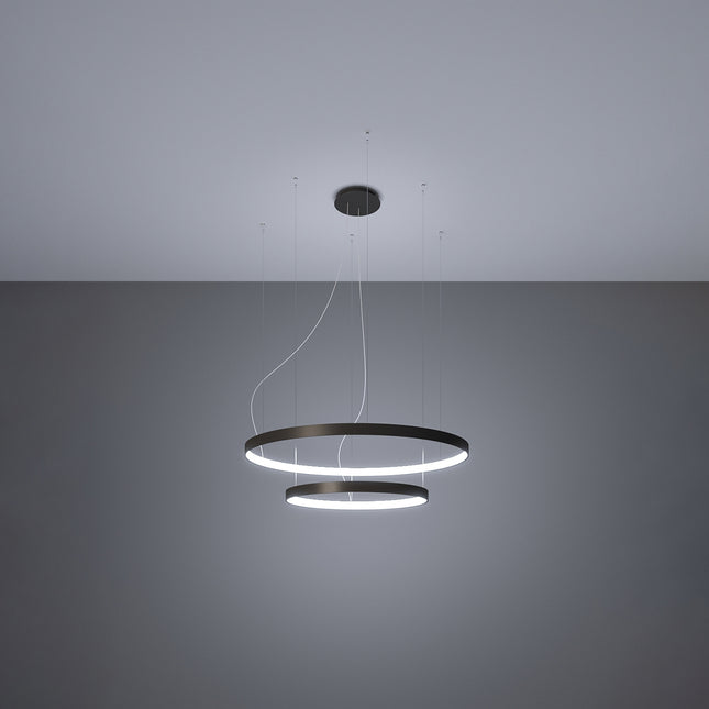 Lustre Anneau Solis 2 anneaux noirs allumé, halos concentriques