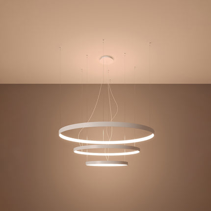 Lustre Anneau Solis 3 anneaux blancs allumé, halos concentriques