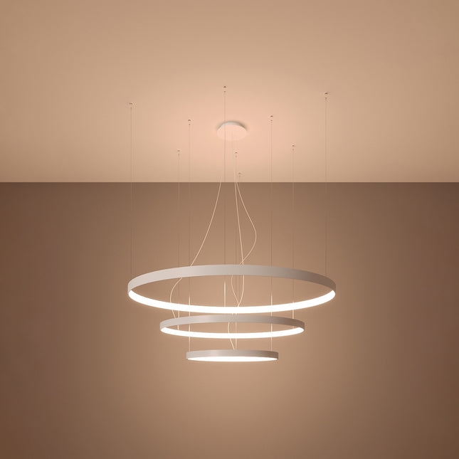 Lustre Anneau Solis 3 anneaux blancs allumé, halos concentriques