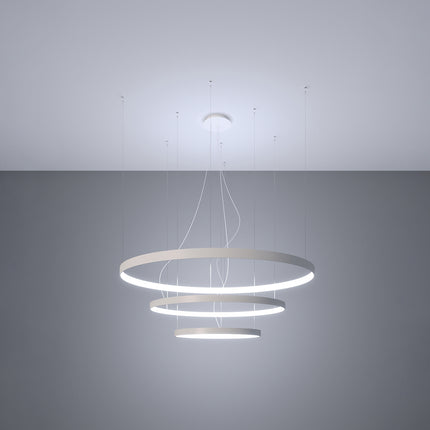 Lustre Anneau Solis 3 anneaux blancs allumé, halos concentriques