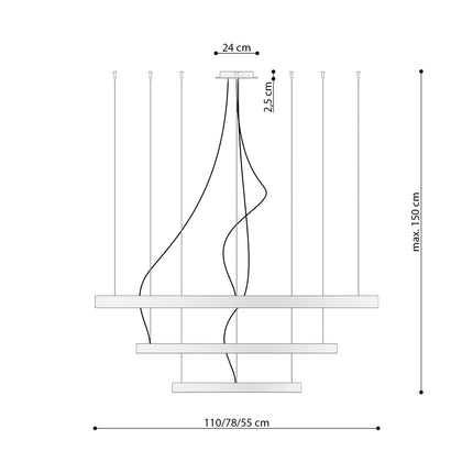 Schéma des dimensions du lustre Anneau Solis 3 anneaux doré 55/78/110 cm