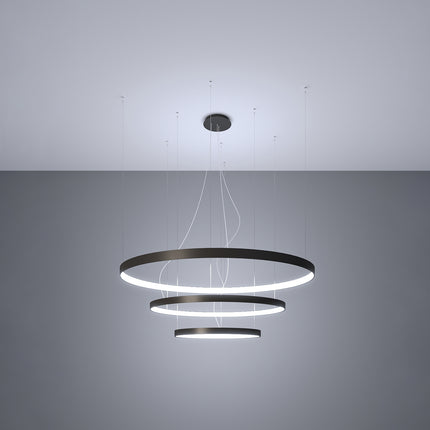 Lustre Anneau Solis 3 anneaux noirs allumé, halos concentriques