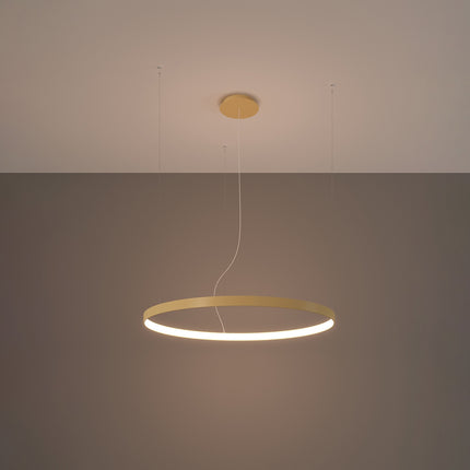 Lustre anneau doré Anneau Solis allumé au plafond, halo lumineux chaud